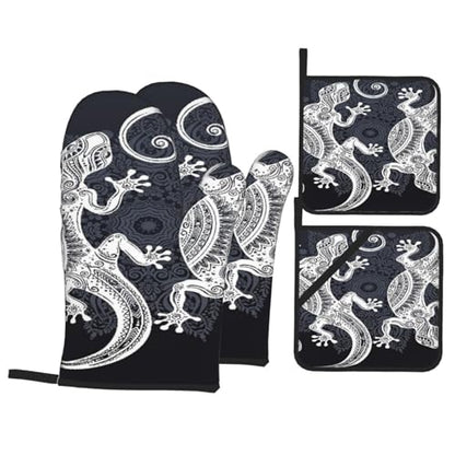 Gecko Lizard Abstract Reptile Animal Herpetology1 4-Piece Oven Mitts and Handle Covers Set - Heat Resistant Baking Gloves for Kitchen BBQ Grilling