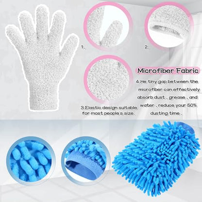 Potchen 6 Pcs Microfiber Dusting Mitt Gloves for Plants Washable Dusting Gloves for House Cleaning Furniture Car Washing - color: Pink,white,blue