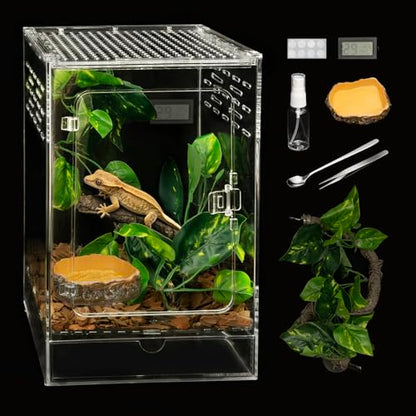 Reptile Terrarium,6" x 6" x 10" Tall PC Starter Crested Gecko Tank | Vertical Reptile Ventilation Enclosure with Accessories for Arboreal Tarantula Cribs,Tree Frog Cage,Small Reptiles Habitat - size: 6*6*10inch