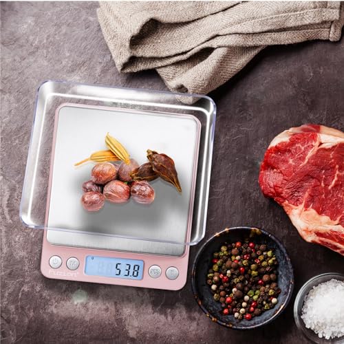 Fuzion Small Gram Scale 3000g, Digital Kitchen Food Scale, Gram and Ounce | 0.1g Accuracy, 6 Modes, 2 Trays Included, Tare Function, Piece Counting, For Food, Coffee, Cooking, Herb, Reptiles, Coins - color: Pink
