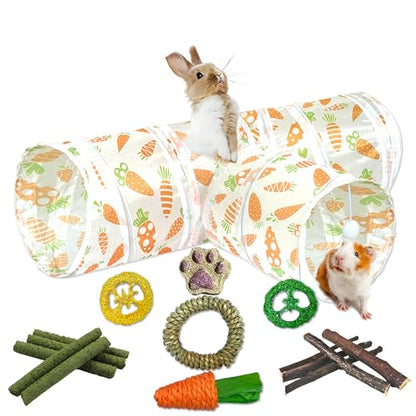 Rabbit Tunnel Toy, Collapsible 3-Way Hideout Tunnel with Chew Toys for Rabbits, Guinea Pigs, Ferrets, Kittens & Small Pets - Orange & White Carrot Design (33"x20"x9.5") - color: Orange