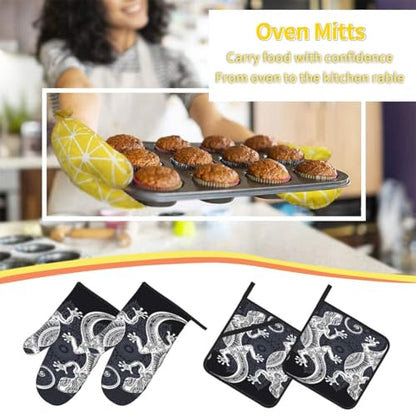 Gecko Lizard Abstract Reptile Animal Herpetology1 4-Piece Oven Mitts and Handle Covers Set - Heat Resistant Baking Gloves for Kitchen BBQ Grilling