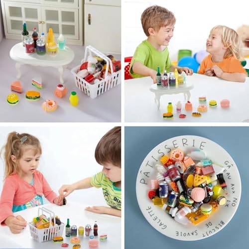 50 Pcs Miniature Food Drink Bottles Soda Pop Cans Pretend Play Kitchen Game Party Accessories Toys Hamburg Cake Ice Cream for 1/12 Doll House (25Food+25Drink) - style: 50 PLAY FOOD