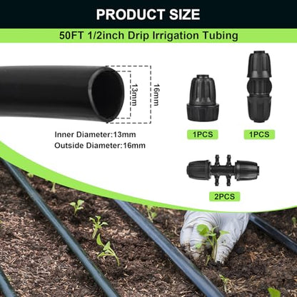 50FT 1/2 Inch Drip Irrigation Tubing Main Line Hose Tube, Drip Line Irrigation System Includes 2pcs 6-Way Connector & 1/2" Straight Connector & 3/4" to 1/2" Faucet Adapter for Garden Watering - color: Black-50FT