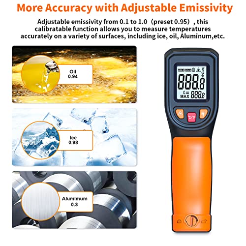 DEASOMIYE Infrared Thermometer Gun, -58°F~1112°F Laser Thermometer Temperature Gun, Non Contact IR Temp Gun with Adjustable Emissivity for Cooking,Griddle,HVAC,Fridge,Grill,Pizza Oven(Not for Human) - color: Orange