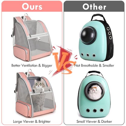 Cat Backpack Carrier, Large Pet Backpack with Kitten Wand Feather Toy for Medium Small Dog Cat Puppy Kitty Bunny up to 15lbs, Ventilated Mesh Dog Travel Carrier for Hiking Walking Outdoor Use (Pink) - color: Pink