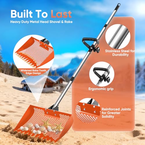 12inch Chicken Poop Scooper & Rake 2-in-1 with Adjustable Handle | Heavy Duty Metal Chicken Coop Scoop for Sand, Adjustable Angle Stainless Steel Chicken Coop Rake Sifting Shovel 37-64",Orange - color: Orange