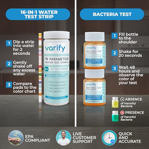 17in1 Complete Drinking Water Test Kit - 100 Strips + 2 Bacteria Tester Kits - Well, Tap, Home, City Water Testing Strip for Lead, Alkaline, Chlorine, Hardness, Iron, Fluoride, Copper & More