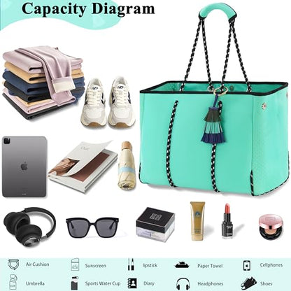 Hibala Neoprene Multipurpose Beach Bag,Gym/Travel/Pool Bag,Tote For Women&Men - color: Mint Green Tassel
