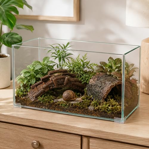 Pet Snail Hideout and Climbing Bridge Set for Terrarium Habitat Decor (Hideout) | Low-Profile Bark-Style Hideout and 17 cm Bridge for Natural Resting and Crawling Routes