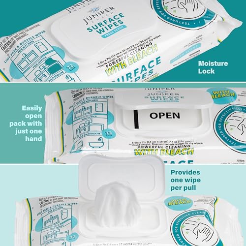 Juniper CLEAN 24 Pack Surface Cleaning Wipes with Bleach, All-Purpose Cleaner for Bathroom, Kitchen, Office, 1728 Count Soft Flow, Fresh Scent, Lint Free & Durable - size: 72 Count (Pack of 24)