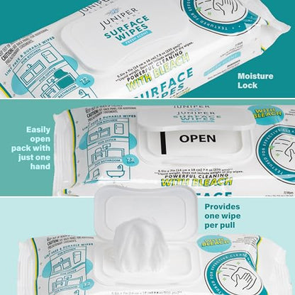 Juniper CLEAN 24 Pack Surface Cleaning Wipes with Bleach, All-Purpose Cleaner for Bathroom, Kitchen, Office, 1728 Count Soft Flow, Fresh Scent, Lint Free & Durable - size: 72 Count (Pack of 24)