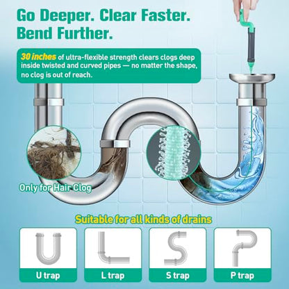 Drain Clog Remover Tool, 30-Inch Hair Clog Remover, Plumbing Snake Auger with Rotating Handle, Flexible Steel Shower Drain Snake for Cleaning Shower, Bath Tub, Easy to Use on Most Home-10 Pack