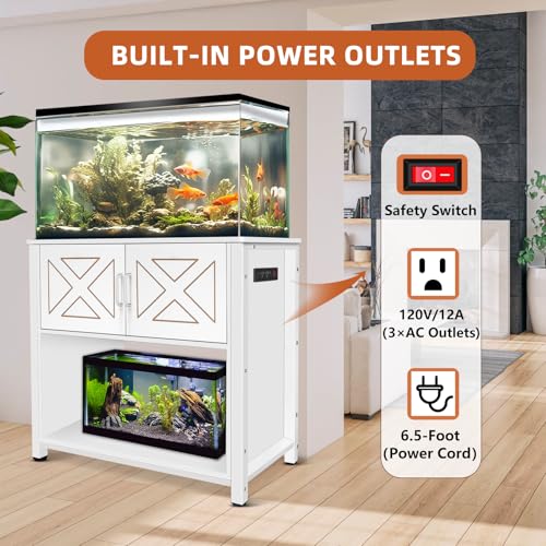 BEURUKU 40 Gallon Tank Stand with Cabinet and Power Outlets, Heavy Duty Metal Aquarium Stand for 40-50 Gallon Breeder Tank, Turtle Tank, Double Terrarium Stand, 660LBS Capacity, White - color: White, size: 40-50 Gallon