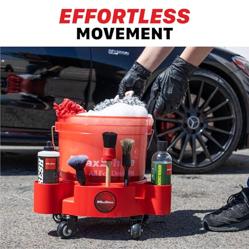 Maxshine Universal Rolling Bucket Dolly – Heavy-Duty, 5 Wheels with 2 Locks, Tool Organizer – 360° Mobility for Car Wash Supplies & Auto Detailing Organization (Red) - color: Bucket Dolly (Red)