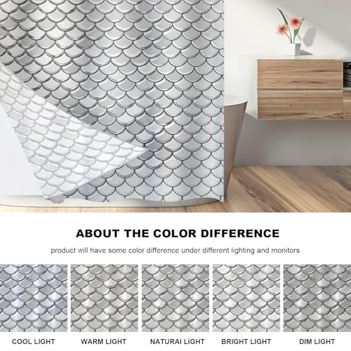 Snake Scale No Hooks Shower Curtain with Snap in Liner Set, Gray Fish Scale Pattern Tub Curtainn Mesh Top Window & Magnetic Hem Waterproof 71X74 Inch - color: Snake Scale 1 White03, size: 71"W x 74"L (Pack of 1)