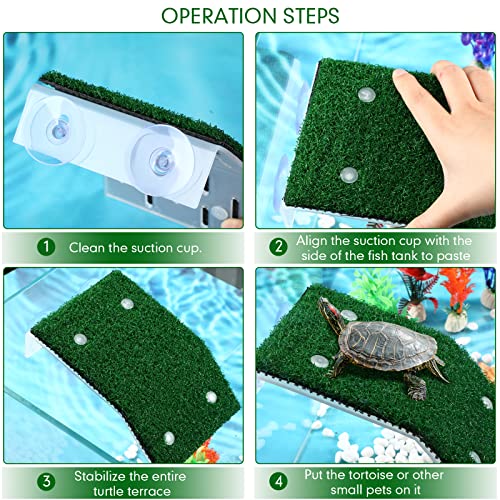2 Pcs Turtle Basking Platform Ramp Medium Tortoise Terrace Resting Ladder Simulation Lawn and 6 Pcs Artificial Plastic Aquarium Plants Turtle Tank Accessories Decorations for Small Reptile Turtle