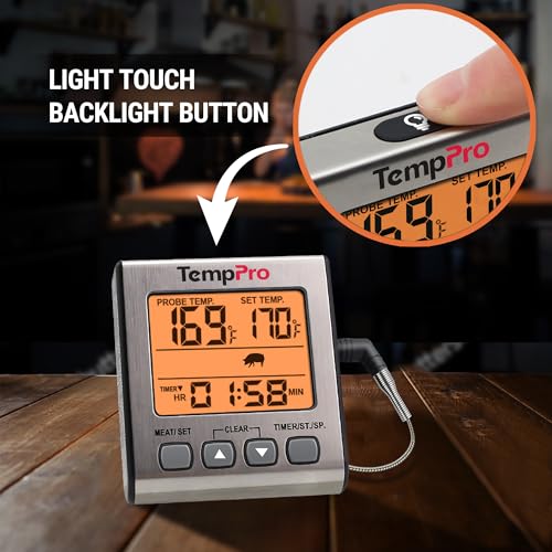 TempPro TempTrack Digital Meat Thermometer for Cooking and Grilling | BBQ Food Thermometer with Backlight and Kitchen Timer, Grill Temperature Probe Thermometer for Smoker, Oven, Baking, Oil - color: Light Silver