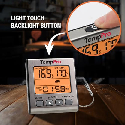 TempPro TempTrack Digital Meat Thermometer for Cooking and Grilling | BBQ Food Thermometer with Backlight and Kitchen Timer, Grill Temperature Probe Thermometer for Smoker, Oven, Baking, Oil - color: Light Silver