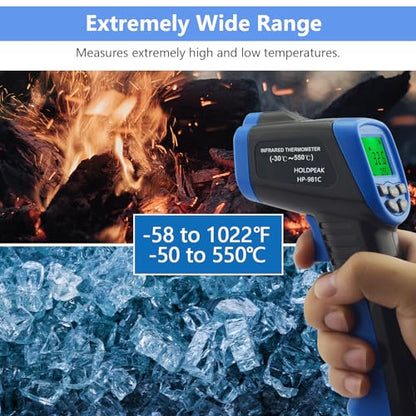 HOLDPEAK 981C Digital Laser Infrared Thermometer Non Contact, IR Heat Temperature Gun Instant-Read -58 to 1022℉ (-50 to 550℃) for Cooking, Grill, Pizza Oven, Griddle, Engine, HVAC, Not for Human