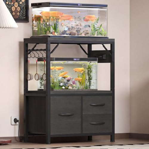 Heybly 10-20Gal Fish Tank Stand with Drawer, Power Outlet,200lb HAS003SBK-1 | Aquarium Stand,Heavy Duty Metal Frame for Fish Tank, Turtle & Reptile Terrarium, 23.6" × 11.8" Top, Black - color: Black, size: 10-20 gal（(Not Fit for 20-gal long tanks)）