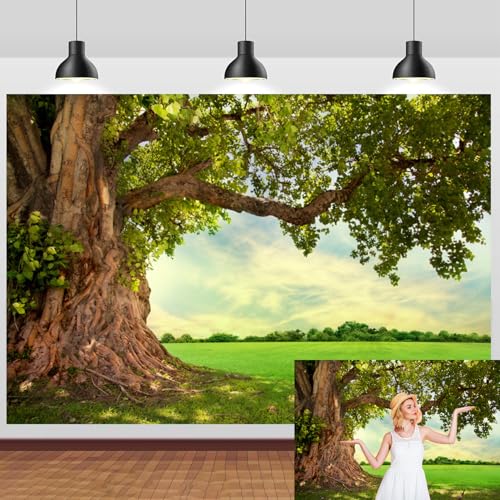 5x3ft Huge Tree Backdrop Rural Field Scenery Photo Props | Spring Summer Natural Countryside Outdoor Fence Decor Picnic Background Wedding Art Portraits Photo, Polyester - size: 5x3ft
