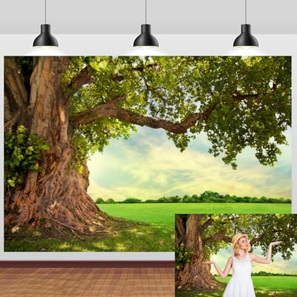 5x3ft Huge Tree Backdrop Rural Field Scenery Photo Props | Spring Summer Natural Countryside Outdoor Fence Decor Picnic Background Wedding Art Portraits Photo, Polyester - size: 5x3ft