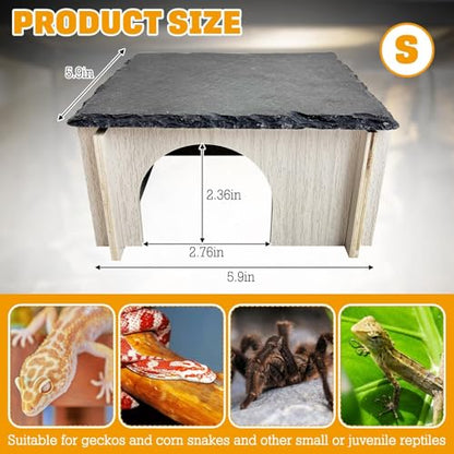 PINVNBY Bearded Dragon Basking Platform, Wood Reptile Hides and Caves, Crested Gecko Hide with Slate Rock, Leopard Gecko Tank Accessories for Small Lizard Snake Turtle (S: 5.9x5.9 inches) - size: S: 5.9x5.9 inches