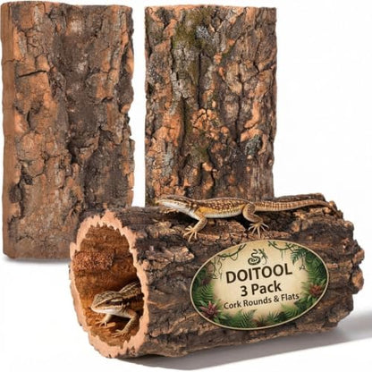 Natural Cork Bark for Reptiles - 3Pcs Reptile Hide & Terrarium Decor Set - Wood Log Rounds & Flats for Leopard Gecko, Bearded Dragon, Snake & Crested Gecko Habitat - Climbing Surface