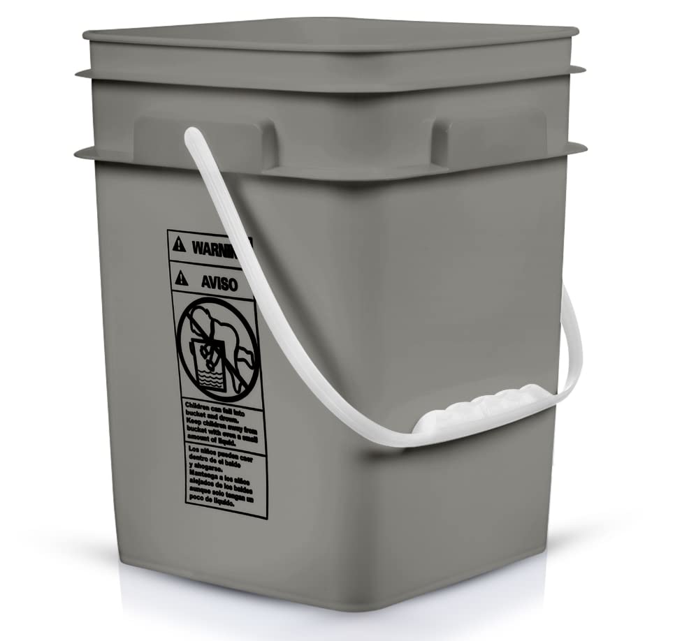 4 Gallon Square Food Grade Bucket Pail with Plastic Handles and Lid (Pack of 3) Made in USA containers (Gray Buckets-Green lids) - color: Gray Buckets-green Lids