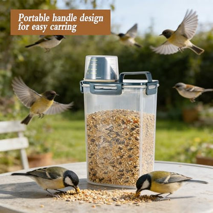 2 Pcs 3.17 Qt/3 L Bird Seed Storage Container Airtight- Portable Bird Food Container with Airtight Measuring Cup, Clear Pet Parrot Seed Dispenser for Birds Food Chicken Feed Storage, Blue Lid