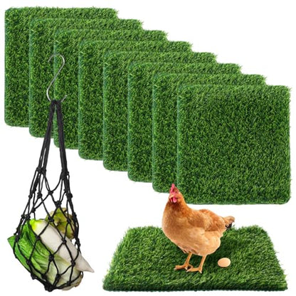 Chicken Nesting Box Pads, 8 Pcs Washable Artificial Grass Mats with Feeding String Bag, Reusable Fake Turf Beddings for Chicken Coops, Indoor and Outdoor Green Rugs, 12 x 12 Inches