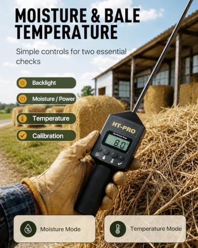 Hay Moisture Tester with 20" Probe, Moisture & Temperature Meter for Round and Square Hay Bales, Fast Backlit Readings, Calibration Clip Included, Black - color: Black