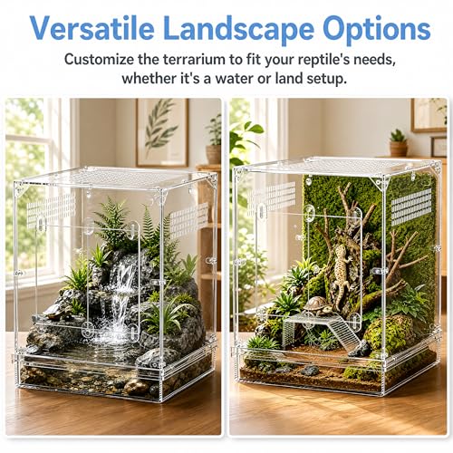 12x12x16 Acrylic Reptile Terrarium, Large Reptile Enclosure with Watertight Bottom, 10 Gallon Clear Reptile Tank with Front Opening Doors, High Ventilation Habitat Breeding Cage for Turtle Gecko Frog