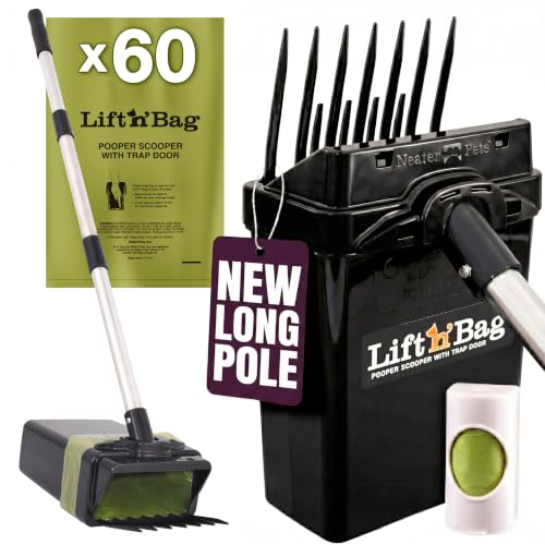 Neater Pet Brands Lift N’ Bag 2.0 Dog Pooper Scooper with Bag Attachment & 31" Pole for Small to Large Dogs, New Longer Pole, 60 Refill Bags, Heavy Duty Dog Poop Scooper for Yard, One-Hand Use - color: Black Scoop w/ Black Bin, size: 60 Bags