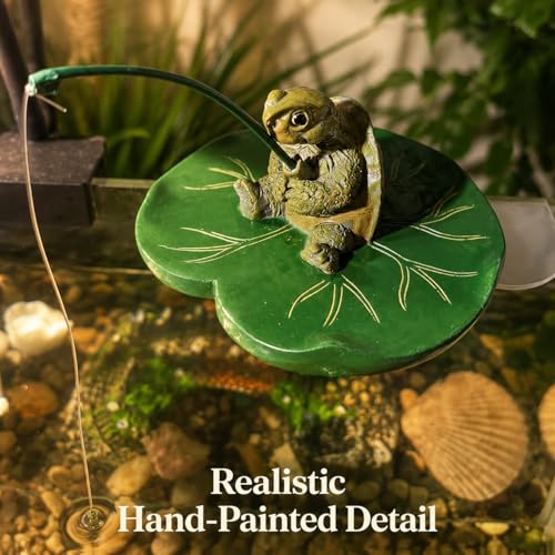 Resin Floating Reptile Ornament on Leaf Pad - Hand-Painted Aquarium Figurine in Small Sizes, Foam Resin Float with Fishing Pose for Fish Tank, Paludarium, Terrarium and Mini Water Garden