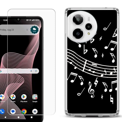 Shockproof Phone Case Compatible with Cricket Icon Plus 2026, w/Tempered Glass - Music Notes Blk - color: Music Notes / Black