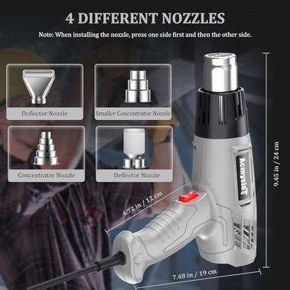 Heat Gun, Variable Temperature Settings 572℉~932℉ (300℃-500℃) | Heat Hot Air Gun Overload Protection with 4 Nozzles for Shrinking Wrap, Crafting, Paint Removing, Epoxy Resin (Gray) - color: Gray