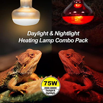 WACOOL 2Pack 75W Reptile Heat Lamp Day & Night Kit, Nature Simulated Basking Daylight & Nightlight Heat Lamp Bulbs for Reptiles & Amphibians, UVA Heat Lamp for Bearded Dragon Gecko Turtle Lizard - style: 75W-2 PACK
