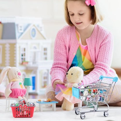 134pcs Mini Shopping Cart Basket Miniature Food Drink Bottle Supermarket Metal Handcart Toys Doll House Store Cosplay Game Dollhouse Grocery Fruit Cake Bread Party Trolley Model Dollar Bills - style: Shopping Cart