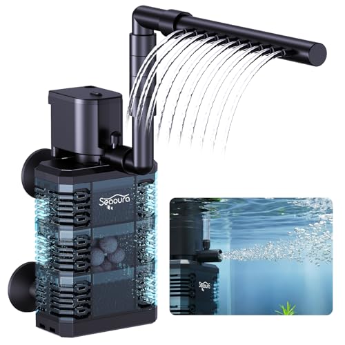 SEAOURA Quiet Internal Aquarium Filter 100GPH Water Pump for 5-15 Gallon Fish Tanks Aeration System | Built-in Aeration Oxygen System Stable Circulation Pump Detachable Washable Filter Sponge Compact Submersible Internal Design