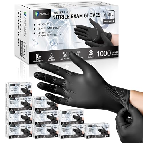PROMEDIX P Black Disposable Nitrile Gloves, 6Mil 100 Pcs Food Safe Cooking Gloves Latex Free Rubber Gloves for Cleaning Exam - color: 1000ct, size: XX-Large