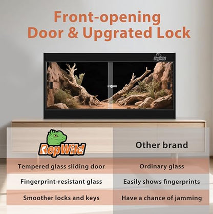 4x2x2 (120 Gallon) PVC Reptile Enclosure, RepWild Terrarium/Tank with Heavy-Duty Screen Top, Glass Sliding Doors & Lock for Bearded Dragons, Ball Python, Geckos, Lizards - size: 48"W x 24"D x 24"H