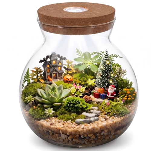 Glass Terrarium Jar with Led Light, Closed Terrarium Jar with Lid for Moss | Ideal for Succulents And Betta Fish Tank, Clear Round Desk Plant Container Ecosystem for Home & Office Decor (no Plants) - size: 16.00X15.00X15.00CM