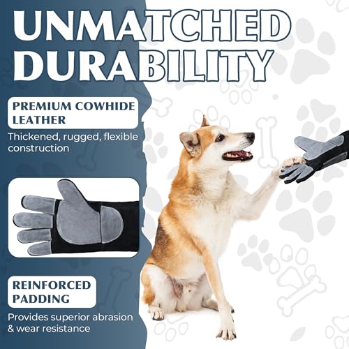 HANDLANDY Animal Handling Gloves, Bite Proof for Cat Dog Handling | Puncture & Scratch Resistant Leather Gauntlet Gloves for Dogs, Cats, Birds, Falconry, Gardening - color: Black Gray, size: 24 Inches