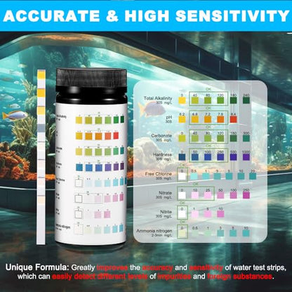 DaToo 8 in 1 Aquarium Test Kit Fish Tank Test Strips Accurate Water Quality Testing Strips for Ammonia PH Total Alkalinity Carbonate Hardness Free Chlorine Nitrate Nitrite Temperature (50 Strips) - size: 50 Strips