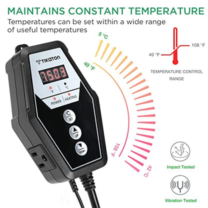 Tikaton Reptile Heating Pad and Digital Thermostat Combo Set, Under Tank Heater for 10-20gal/30-40gal Tank, Terrarium Heat Mat for Turtle/Snake/Lizard/Frog/Spider/Plant Box - size: 1 Pack-12" X 8"
