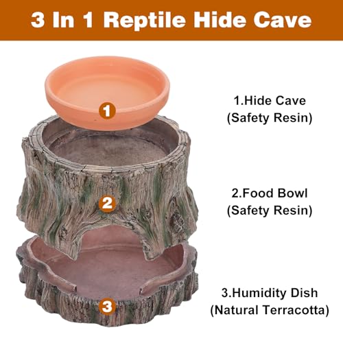 3 in 1 Reptile Hide Cave with Detachable Base & Humidity Dish, Essential Terrarium Decor for Crested Gecko, Leopard Gecko, Lizard, Snake, Crabs