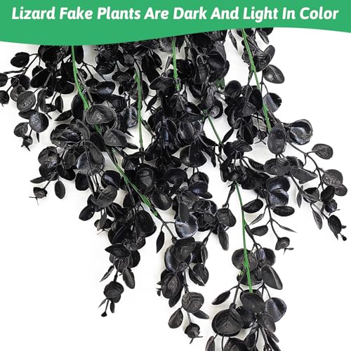 Hamiledyi Reptile Plants, 2 Pack Hanging Terrarium Plants, Artificial Leaves Habitat Decorations with Suction Cup, Fake Amphibian Plants for Bearded Dragon Lizard Hermit Crab Geckos Chameleon(Black) - size: 2 PCS