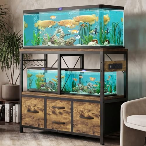 Heybly 40-50 Gal Fish Tank Stand with Drawer, Power Outlet, Rustic HAS004SR | Aquarium Stand, Heavy Duty, for Fish Tank, Turtle & Reptile Terrarium, 36.2" L × 18.1" Top, 660lbs (Top)+330lbs(Mid) - color: Rustic Brown, size: 40-50 gal